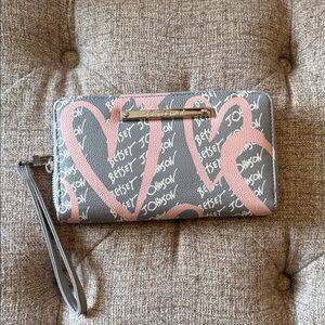 Gray Wristlet Clutch with Pink Heart Design